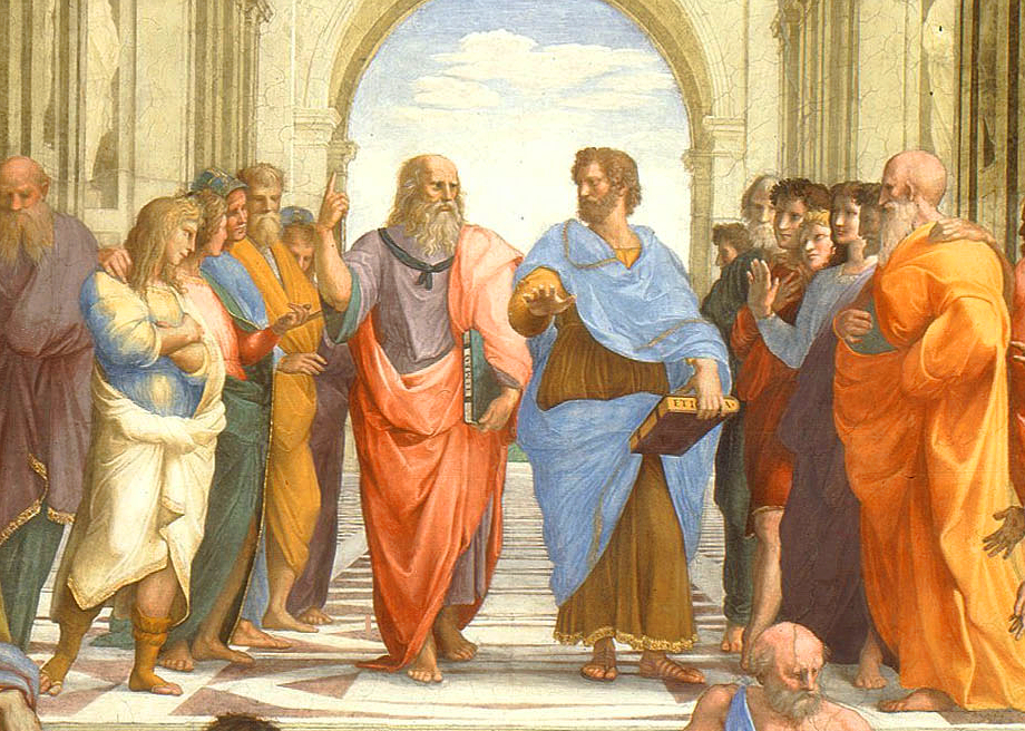 Platón y Aristóteles en el centro de la escuela de Atenas. Fresco. Rafael Sanzio. Museos Vaticanos. Roma.